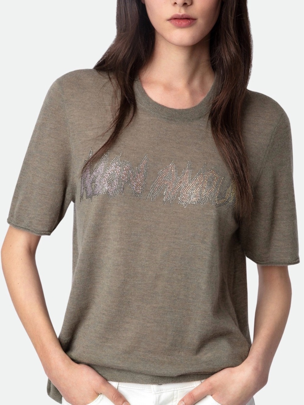 Zadig & Voltaire Olive Short-Sleeve 100% Cashmere Ida Mon Amour Sweater Large